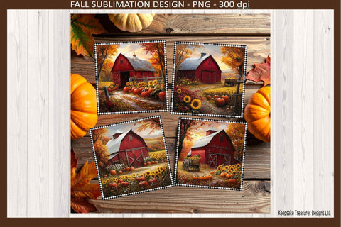 Fall Rustic Red Barn Square Coaster Set #2, Sublimation Png Template, Autumn Home Decor Sublimation Keepsake Treasures Designs LLC. 