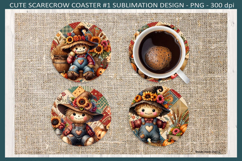 Fall Scarecrow Coasters, #1 Sublimation Png, Autumn Coaster Design, Png Printable Sublimation Keepsake Treasures Designs LLC. 