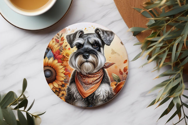 Fall Schnauzer Coaster, Autumn Dog Round PNG Sublimation BijouBay 