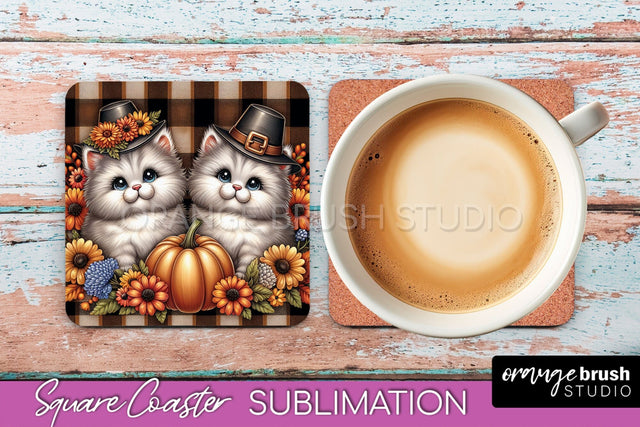 Fall Square Coaster - Cute Cat Coaster Sublimation Design Sublimation OrangeBrushStudio 