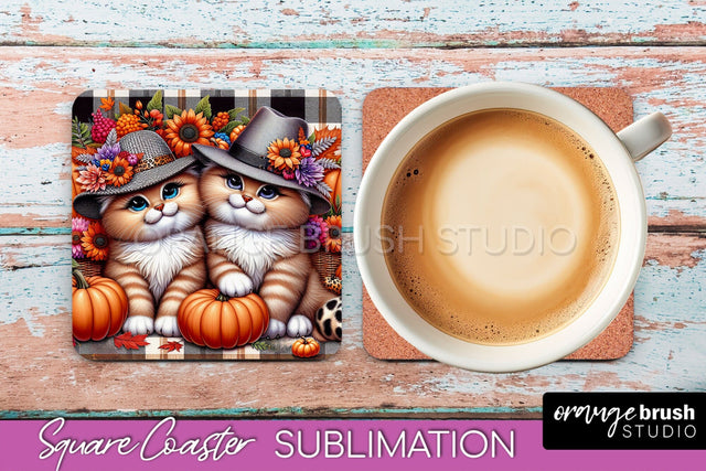Fall Square Coaster - Cute Cat Coaster Sublimation Design Sublimation OrangeBrushStudio 