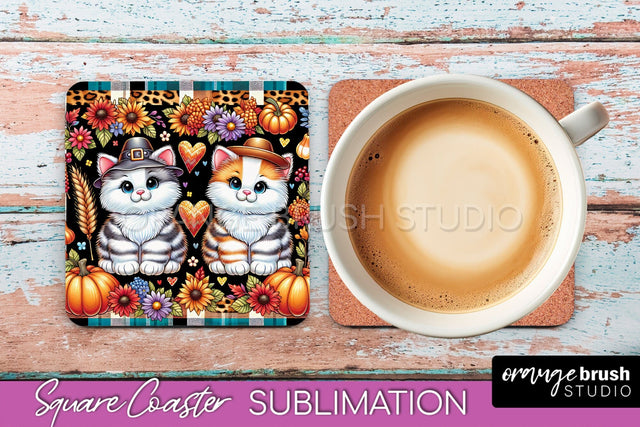 Fall Square Coaster - Cute Cat Coaster Sublimation Design Sublimation OrangeBrushStudio 