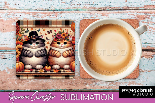 Fall Square Coaster - Cute Cat Coaster Sublimation Design Sublimation OrangeBrushStudio 