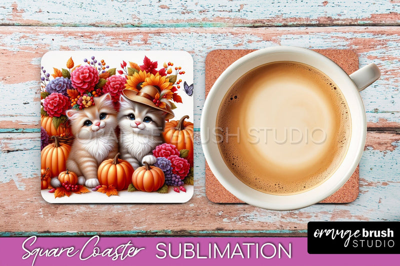 Fall Square Coaster - Cute Cat Coaster Sublimation Design Sublimation OrangeBrushStudio 