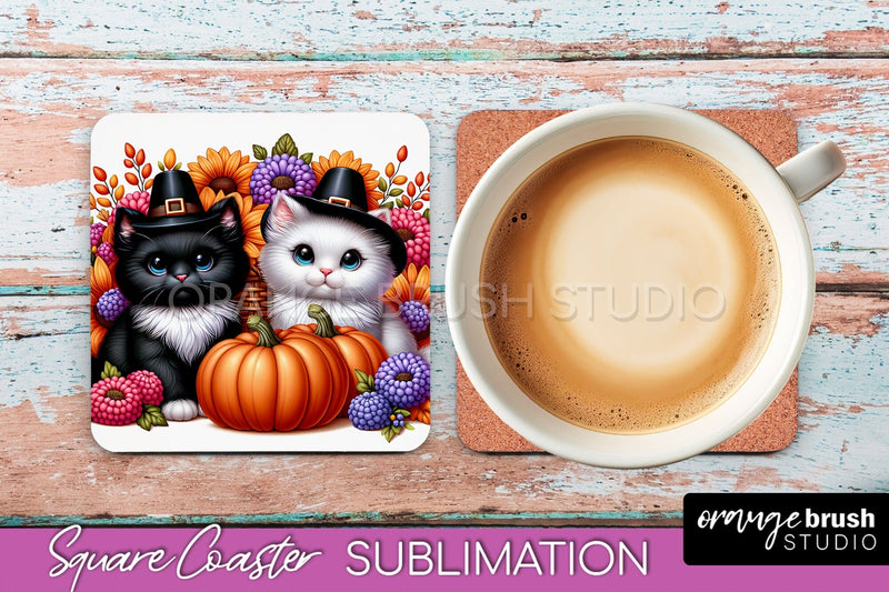 Fall Square Coaster - Cute Cat Coaster Sublimation Design Sublimation OrangeBrushStudio 