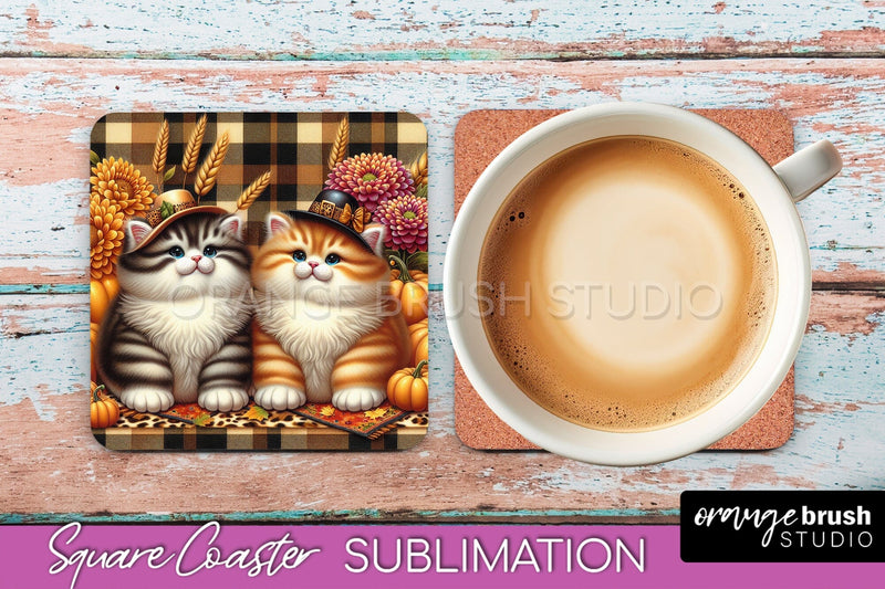 Fall Square Coaster - Cute Cat Coaster Sublimation Design Sublimation OrangeBrushStudio 
