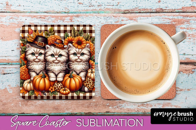 Fall Square Coaster - Cute Cat Coaster Sublimation Design Sublimation OrangeBrushStudio 