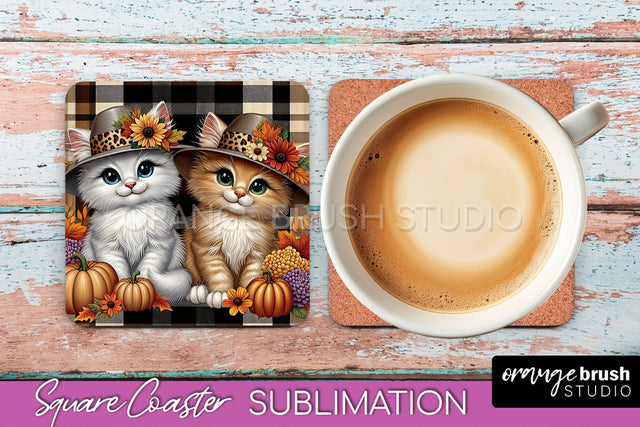 Fall Square Coaster - Cute Cat Coaster Sublimation Design Sublimation OrangeBrushStudio 