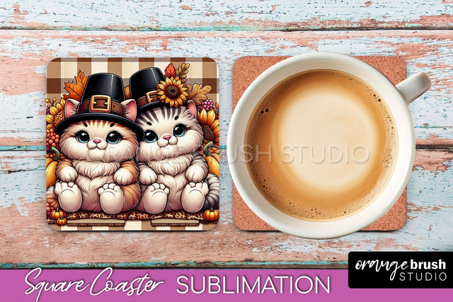 Fall Square Coaster - Cute Cat Coaster Sublimation Design Sublimation OrangeBrushStudio 