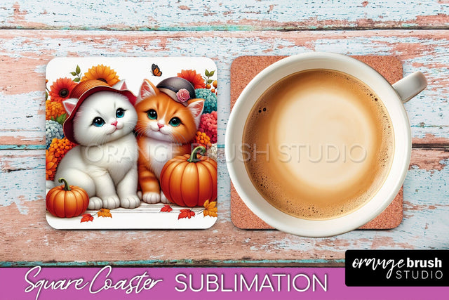 Fall Square Coaster - Cute Cat Coaster Sublimation Design Sublimation OrangeBrushStudio 
