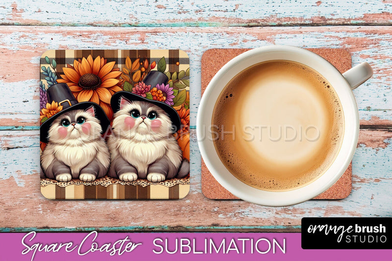 Fall Square Coaster - Cute Cat Coaster Sublimation Design Sublimation OrangeBrushStudio 