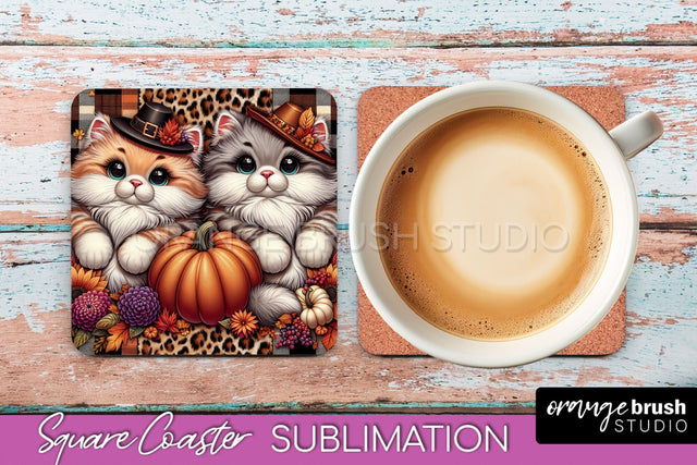 Fall Square Coaster - Cute Cat Coaster Sublimation Design Sublimation OrangeBrushStudio 