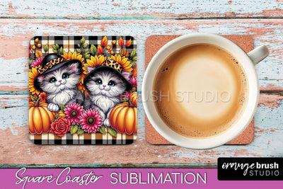 Fall Square Coaster - Cute Cat Coaster Sublimation Design Sublimation OrangeBrushStudio 