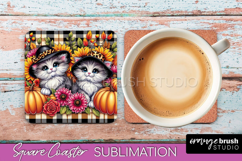 Fall Square Coaster - Cute Cat Coaster Sublimation Design Sublimation OrangeBrushStudio 