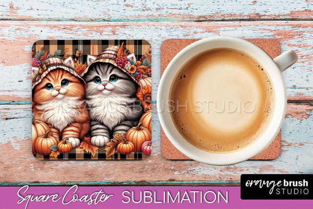 Fall Square Coaster - Cute Cat Coaster Sublimation Design Sublimation OrangeBrushStudio 