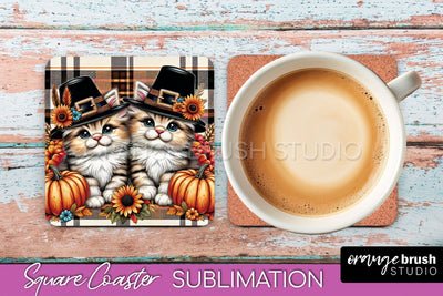Fall Square Coaster - Cute Cat Coaster Sublimation Design Sublimation OrangeBrushStudio 