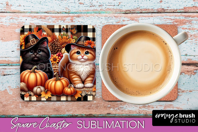 Fall Square Coaster - Cute Cat Coaster Sublimation Design Sublimation OrangeBrushStudio 