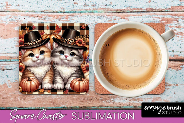 Fall Square Coaster - Cute Cat Coaster Sublimation Design Sublimation OrangeBrushStudio 