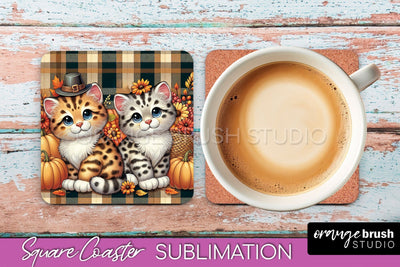 Fall Square Coaster - Cute Cat Coaster Sublimation Design Sublimation OrangeBrushStudio 