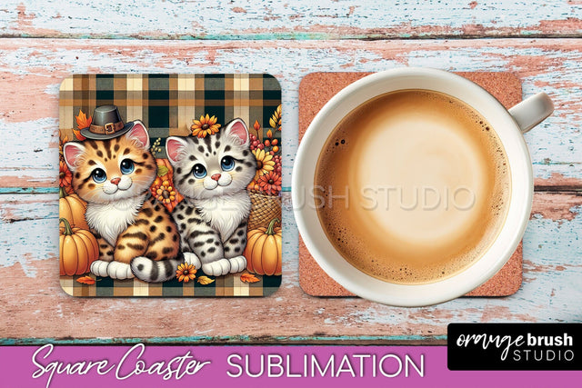 Fall Square Coaster - Cute Cat Coaster Sublimation Design Sublimation OrangeBrushStudio 