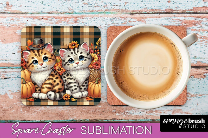 Fall Square Coaster - Cute Cat Coaster Sublimation Design Sublimation OrangeBrushStudio 