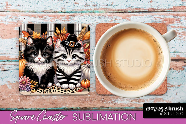 Fall Square Coaster - Cute Cat Coaster Sublimation Design Sublimation OrangeBrushStudio 
