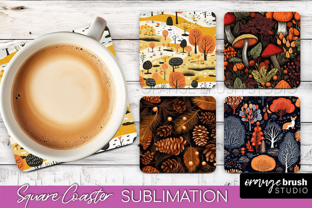 Fall Square Coasters - Autumn Forest Coaster Sublimation Sublimation OrangeBrushStudio 