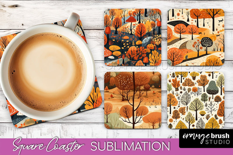 Fall Square Coasters - Autumn Forest Coaster Sublimation Sublimation OrangeBrushStudio 