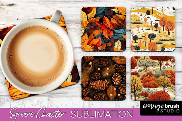 Fall Square Coasters - Autumn Forest Coaster Sublimation Sublimation OrangeBrushStudio 