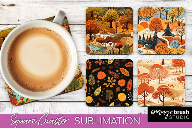 Fall Square Coasters - Autumn Forest Coaster Sublimation Sublimation OrangeBrushStudio 