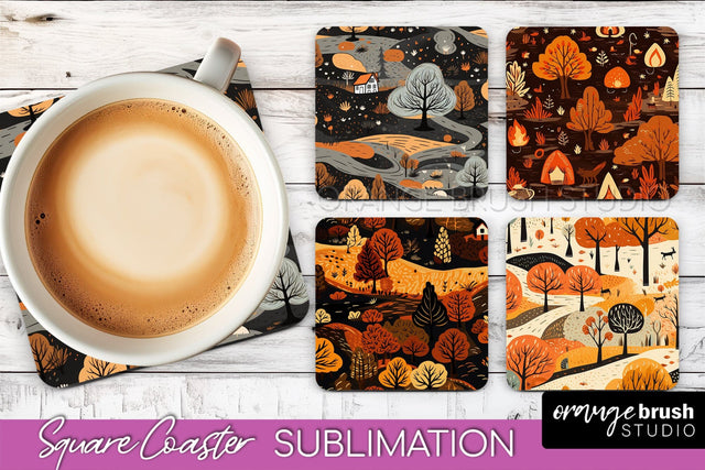 Fall Square Coasters - Autumn Forest Coaster Sublimation Sublimation OrangeBrushStudio 