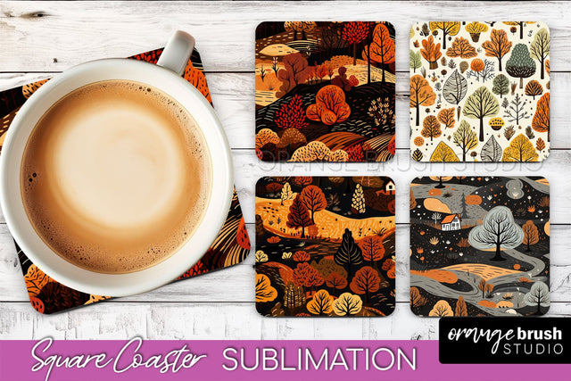 Fall Square Coasters - Autumn Forest Coaster Sublimation Sublimation OrangeBrushStudio 