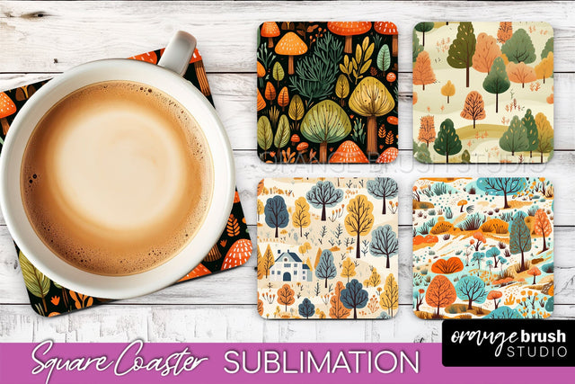 Fall Square Coasters - Autumn Forest Coaster Sublimation Sublimation OrangeBrushStudio 
