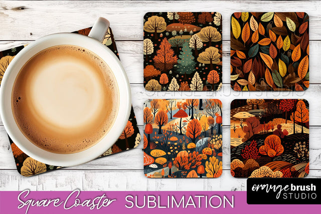 Fall Square Coasters - Autumn Forest Coaster Sublimation Sublimation OrangeBrushStudio 