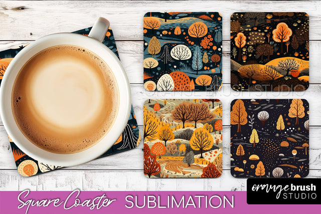 Fall Square Coasters - Autumn Forest Coaster Sublimation Sublimation OrangeBrushStudio 