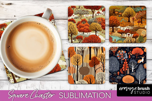 Fall Square Coasters - Autumn Forest Coaster Sublimation Sublimation OrangeBrushStudio 