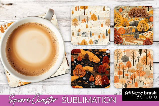 Fall Square Coasters - Autumn Forest Coaster Sublimation Sublimation OrangeBrushStudio 