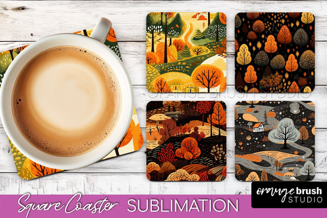 Fall Square Coasters - Autumn Forest Coaster Sublimation Sublimation OrangeBrushStudio 