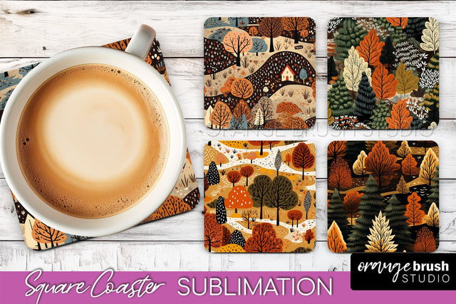Fall Square Coasters - Autumn Forest Coaster Sublimation Sublimation OrangeBrushStudio 