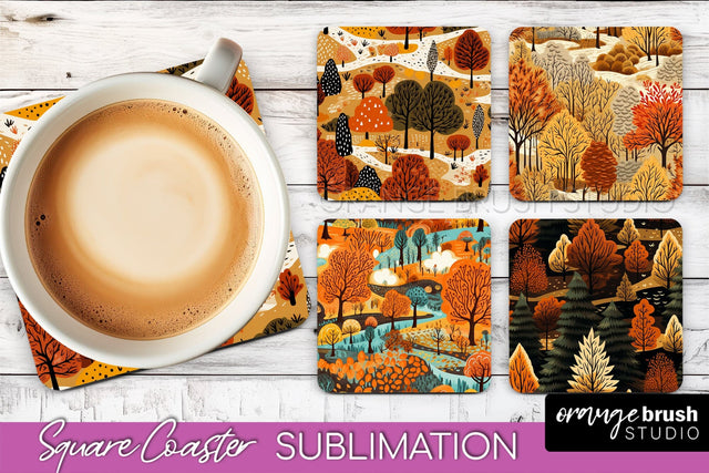 Fall Square Coasters - Autumn Forest Coaster Sublimation Sublimation OrangeBrushStudio 