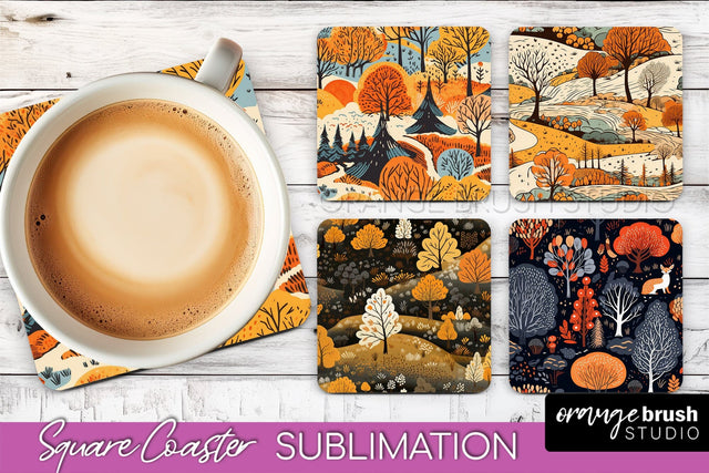 Fall Square Coasters - Autumn Forest Coaster Sublimation Sublimation OrangeBrushStudio 