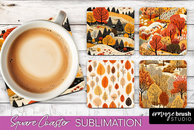 Fall Square Coasters - Autumn Forest Coaster Sublimation Sublimation OrangeBrushStudio 
