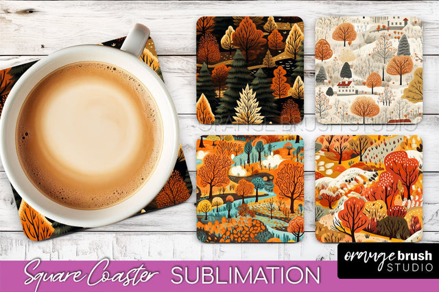 Fall Square Coasters - Autumn Forest Coaster Sublimation Sublimation OrangeBrushStudio 