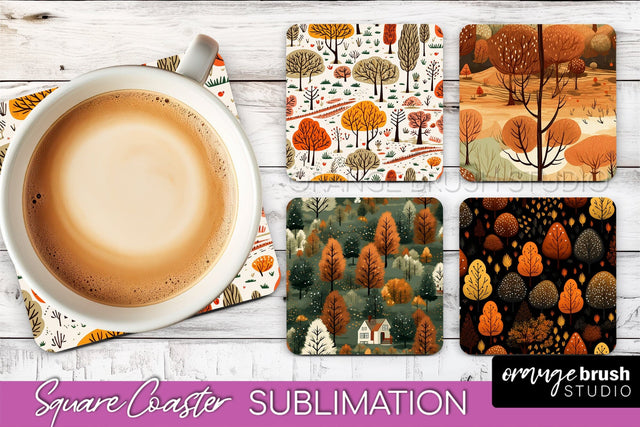 Fall Square Coasters - Autumn Forest Coaster Sublimation Sublimation OrangeBrushStudio 