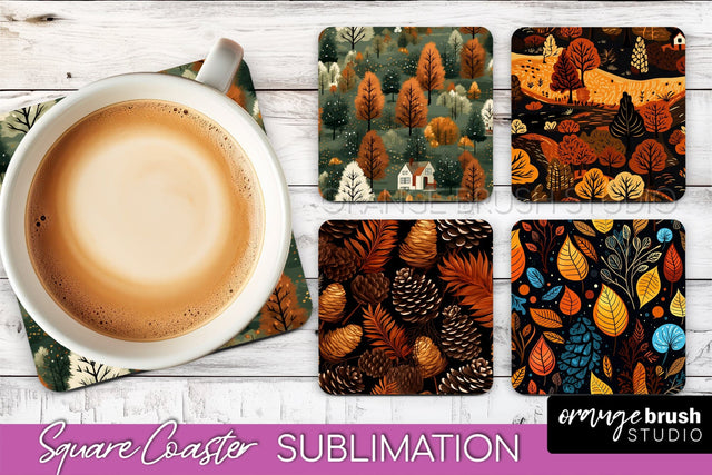 Fall Square Coasters - Autumn Forest Coaster Sublimation Sublimation OrangeBrushStudio 