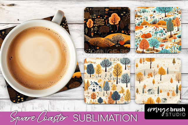 Fall Square Coasters - Autumn Forest Coaster Sublimation Sublimation OrangeBrushStudio 
