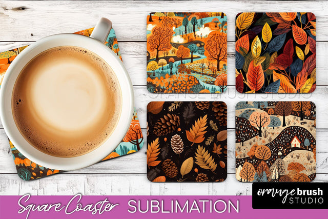 Fall Square Coasters - Autumn Forest Coaster Sublimation Sublimation OrangeBrushStudio 