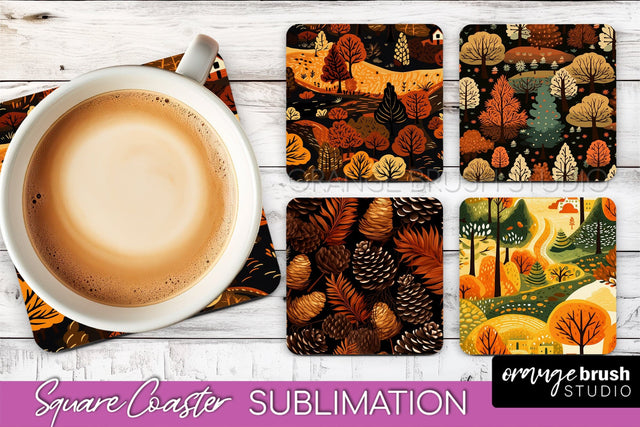Fall Square Coasters - Autumn Forest Coaster Sublimation Sublimation OrangeBrushStudio 