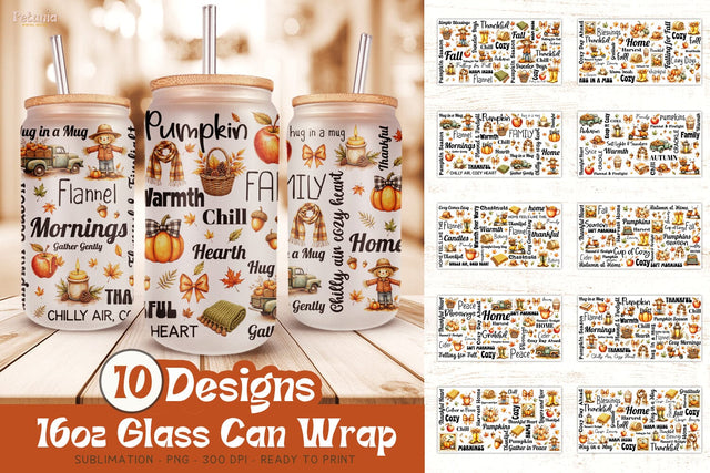 Fall Sublimation Glass Wrap | 16oz Glass Can Wrap Bundle Sublimation Petunia Digital Design 