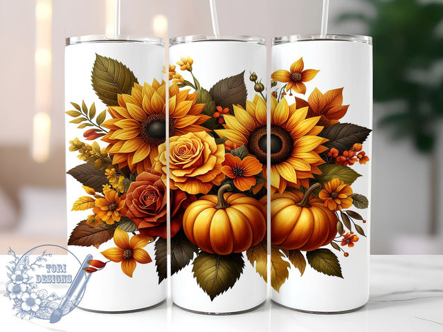 Fall Sunflowers and Pumpkins 20oz Skinny Tumbler, Fall Flowers Tumbler Png, Straight & Tapered Tumbler Wrap, Instant Digital Download Sublimation ToriDesigns 